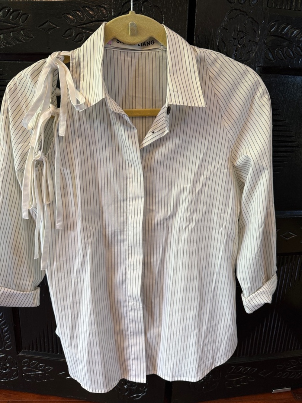 Sandy Liang White Shirt with Narrow Black Pinstripes